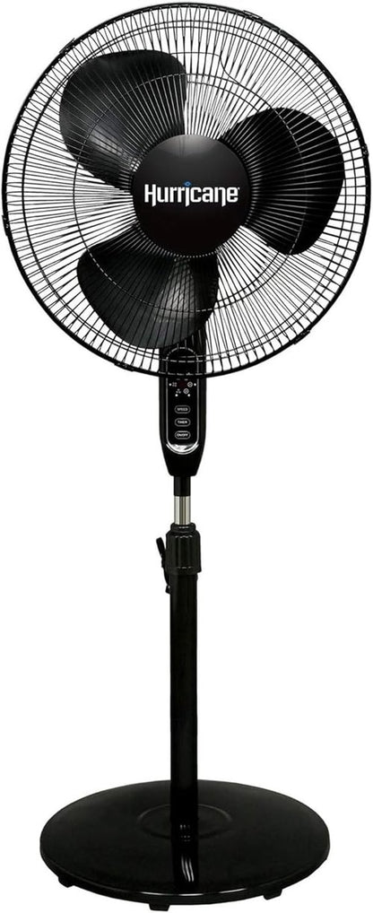 Hurricane Supreme Oscillating Pedestal Stand Fan with 3 Quiet Speeds, Black, 16" - Corded Electric Air Cooling Unit with Remote Control & Adjustable Height for Home, Apartment, Workshop or Office