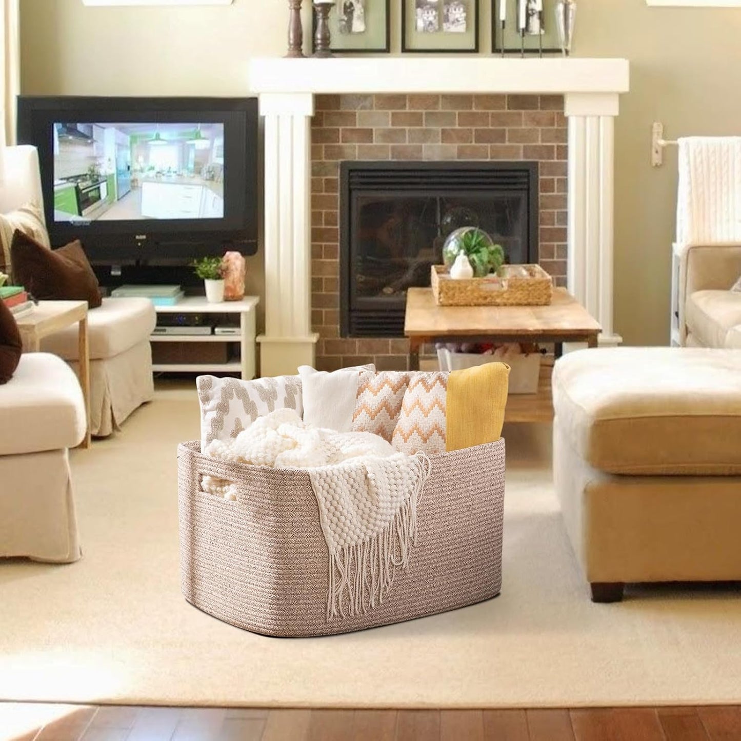 OIAHOMY 75L Large Woven Cotton Rope Storage Basket - Stylish Organizer for Blankets & Toys | Brown Variegated 22”x17”x12”