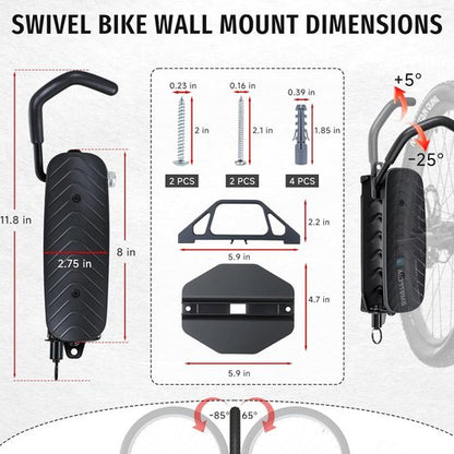 BYHUME Bike Rack | Space-Saving Vertical Wall Mount with 150° Swivel - Holds Up to 66lbs, Easy Install, 2 Pack