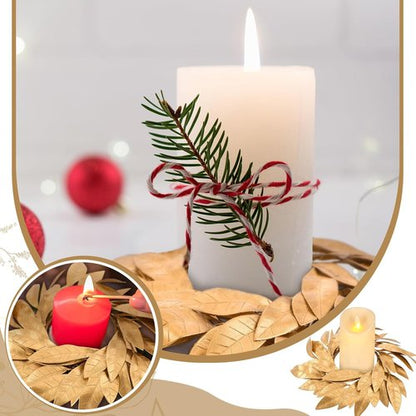 Domensi Gold Bay Leaf Candle Rings - 2 Pcs Rustic Candleholders for 3.9 Inch Pillar Candles | Christmas Decor
