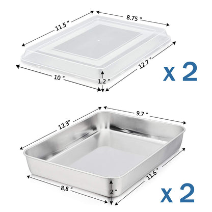 12.3 Inch Baking Lasagna Pan with Lid, P&P CHEF Rectangular Cake Pan Stainless Steel and Airtight Plastic Lids, Ideal for Cooking Reheating Roasting Baking Storing, Heavy Duty - Set of 4