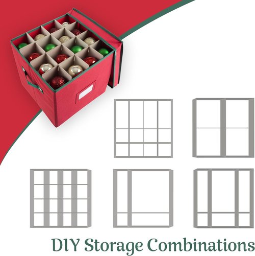 Elf Stor Christmas Decor Storage Box - Red Oxford Canvas Ornament Cube Chest with 64 Compartment Dividers
