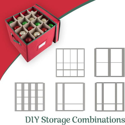 Elf Stor Christmas Decor Storage Box - Red Oxford Canvas Ornament Cube Chest with 64 Compartment Dividers