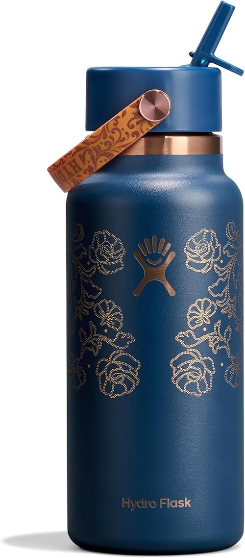 Hydro Flask Water Bottle - Insulated Stainless Steel with Wide Mouth Flex Straw Lid | 32 Oz Western Dark Blue