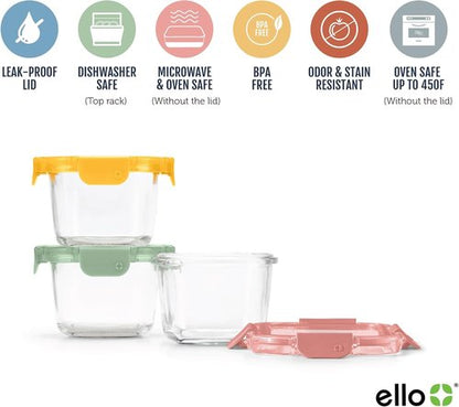 Ello Color Lock Glass Meal Prep Set - 6 Leak-Proof Containers with BPA-Free Lids | Dishwasher & Microwave Safe