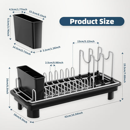 SanDream Dish Drying Rack - Stainless Steel with Removable Utensil Holder & Anti-Scratch Base | Space-Saving Design, Black