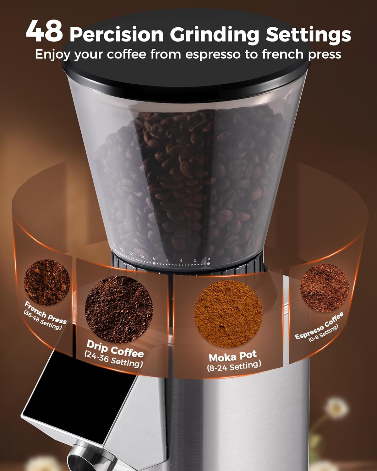 Tuni G1 Conical Burr Coffee Grinder - 48 Grind Settings, Precision Timer & LED Touchscreen - Stainless Steel Silver