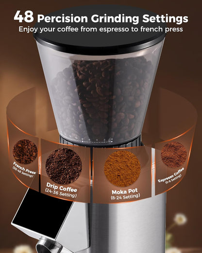 Tuni G1 Conical Burr Coffee Grinder - 48 Grind Settings, Precision Timer & LED Touchscreen - Stainless Steel Silver
