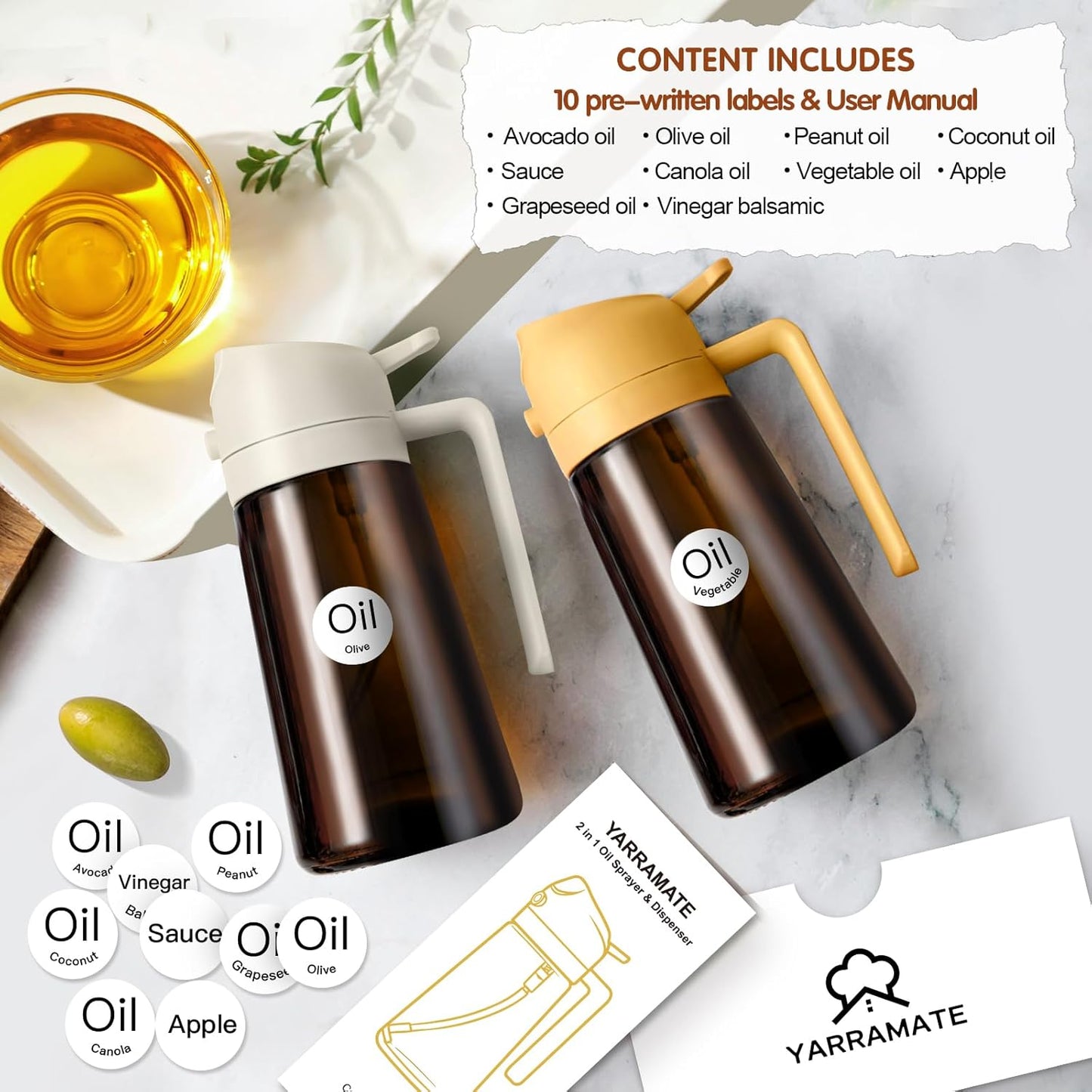 YARRAMATE Light Blocking Oil Sprayer - 16oz Food-Grade Olive Oil Dispenser Bottle | Dark Amber Glass for Kitchen & BBQ