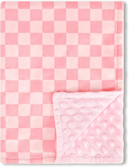 Skiennix Baby Blanket - Double Layer Toddler Crib Blanket with Dotted Backing | Pink Checkered, 30x40 Inches