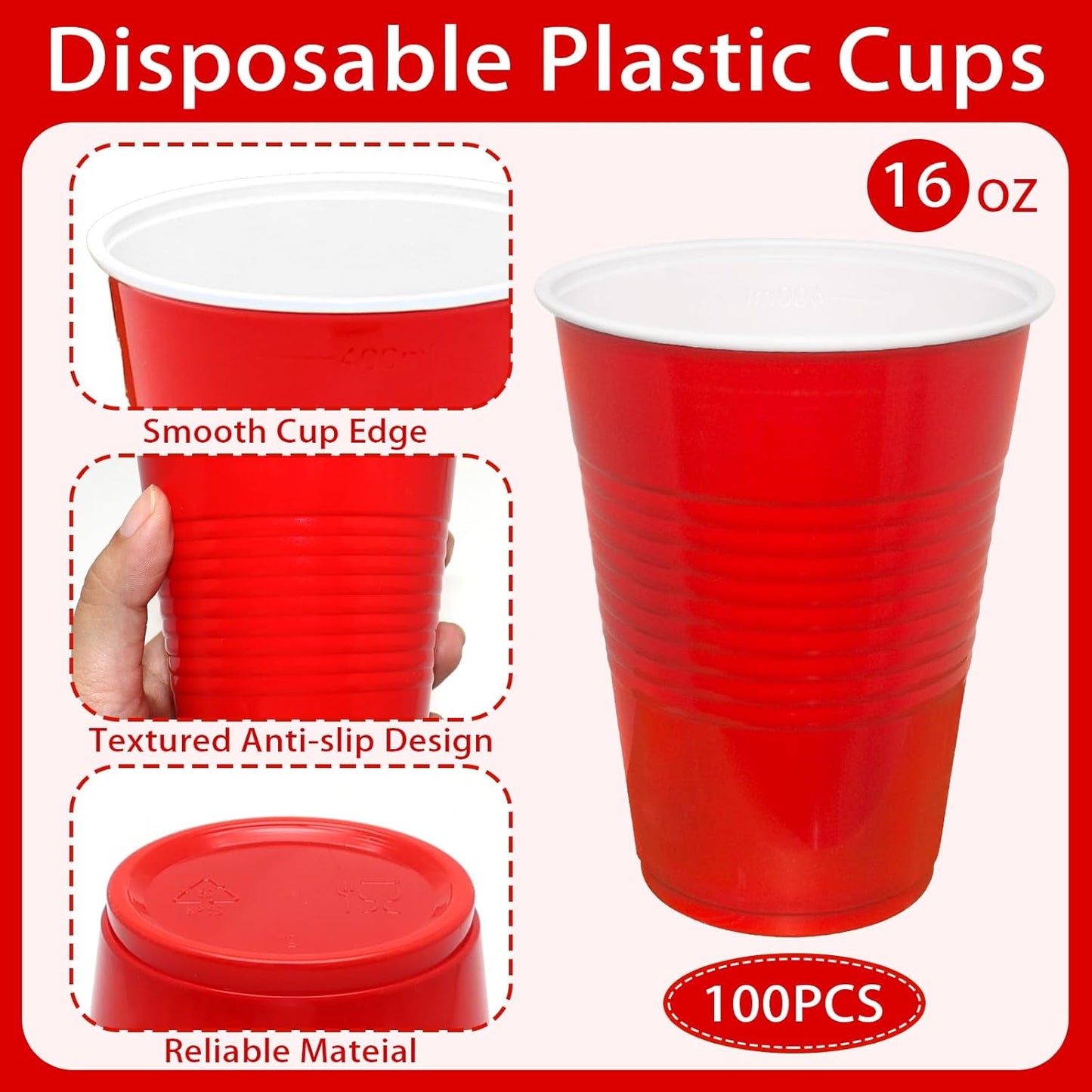 Red Plastic Cups - 16 oz Disposable Party Cups for Birthdays, Picnics & Easter | 100 Count