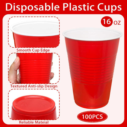 Red Plastic Cups - 16 oz Disposable Party Cups for Birthdays, Picnics & Easter | 100 Count