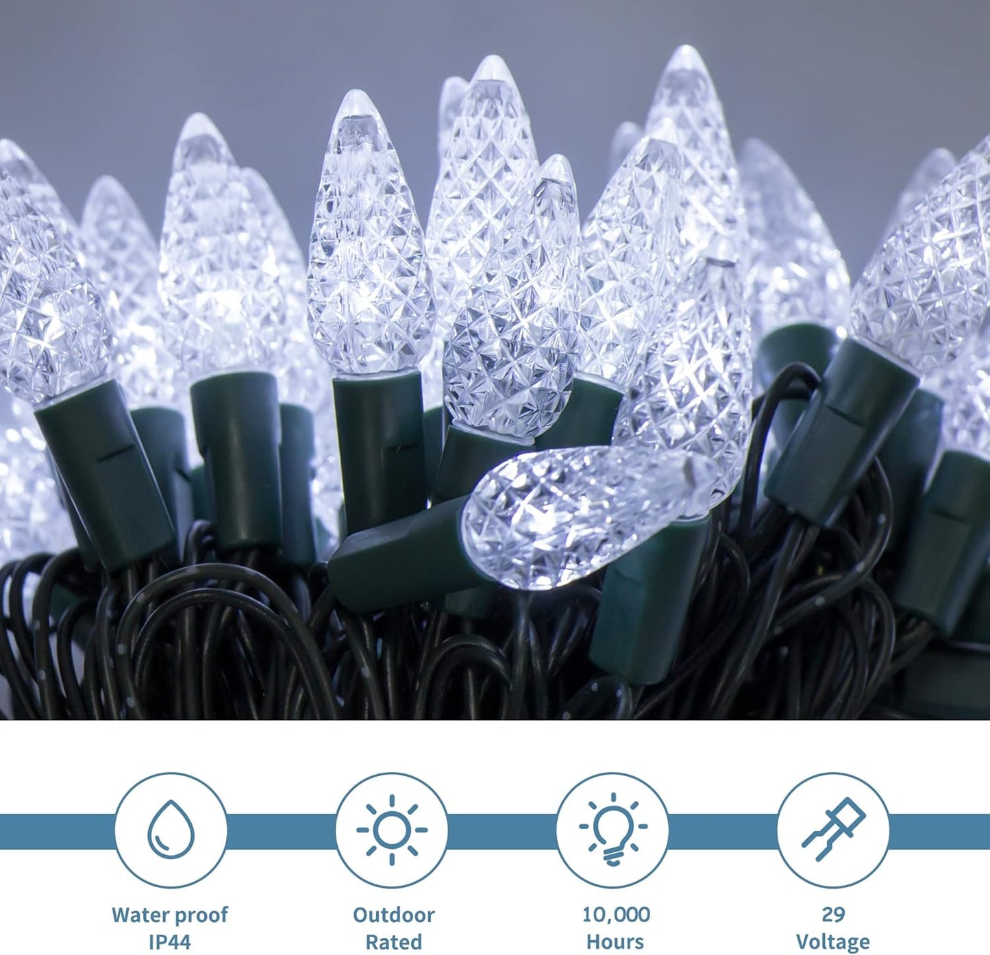Waterglide C6 Christmas Lights - 33ft 100 LED Faceted String Lights | Waterproof Indoor/Outdoor Decor
