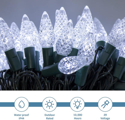 Waterglide C6 Christmas Lights - 33ft 100 LED Faceted String Lights | Waterproof Indoor/Outdoor Decor