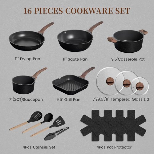 Kikcoin Non-Stick Ceramic Pots and Pans Set - 16 Pieces Induction Cookware Set | Black, Stackable & Safe