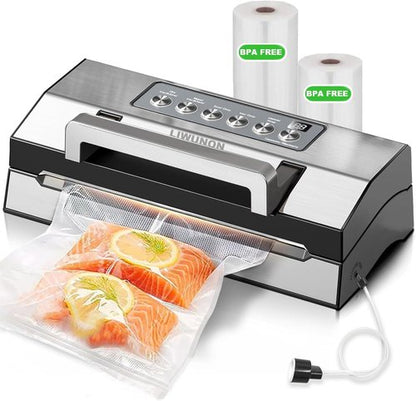 LIWUNON Commercial Food Vacuum Sealer - Upgraded Precision with Double Heat Seal & Built-in Cutter | 2 Bag Rolls Included