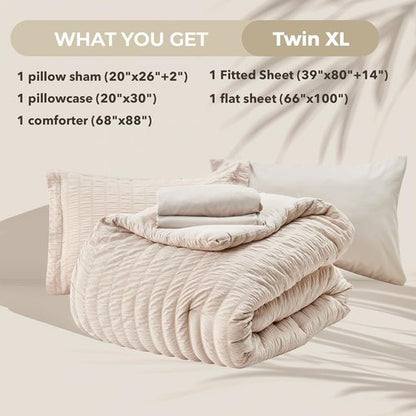 HYMOKEGE Twin XL Comforter Set - 5-Piece Seersucker Luxury Bedding Set in Beige for All Seasons