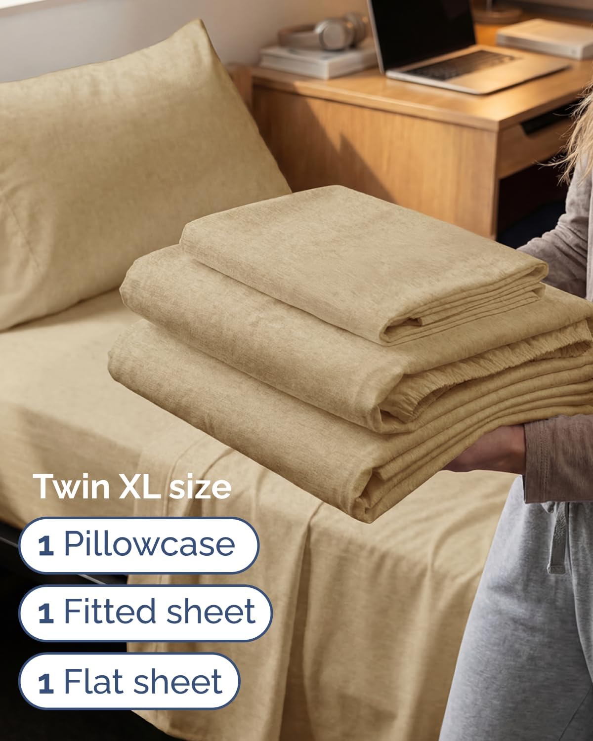 Skiennix Twin XL Sheet Set - Comfy Cooling Bed Sheets with Deep Pockets - Luxury Tan Bedding for All Ages