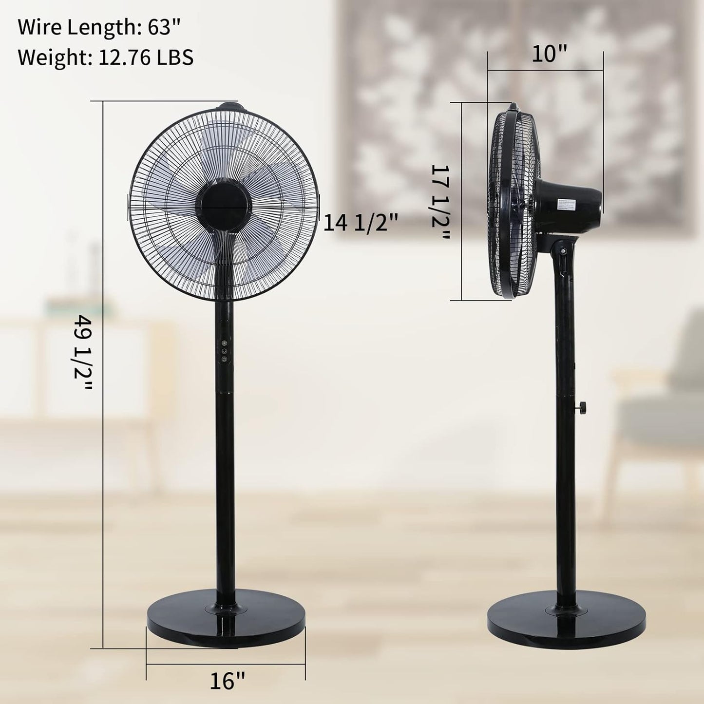 Simple Deluxe 16-Inch Stand Fan - Height Adjustable Pedestal Fan with Remote Control & 90-Degree Oscillation | Black