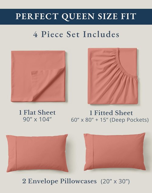 **Lane Linen 100% Organic Cotton Queen Sheets - Eco-Friendly, Mercerized Bedding Set in Rose Dawn**