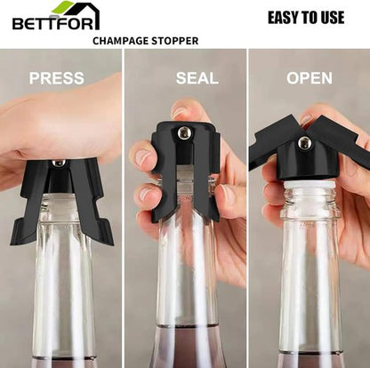 Champagne Stoppers with Stainless Steel Champagne Saver with Food Grade Silicone Leak proof Keep Fresh Suitable for Champagne, Cava, Prosecco and Sparkling (Black, 3 Pack)