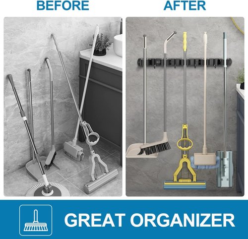 IMILLET Wall Mounted Broom and Mop Holder - Heavy Duty Stainless Steel Organizer with 5 Racks & 4 Hooks