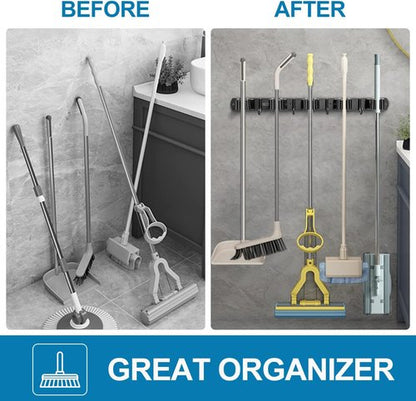 IMILLET Wall Mounted Broom and Mop Holder - Heavy Duty Stainless Steel Organizer with 5 Racks & 4 Hooks