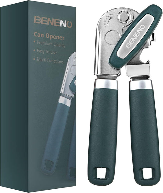 Beneno Heavy Duty Manual Can Opener - Durable Carbon Steel Blade & Soft Grip Handle | Effort-Saving Design, Green