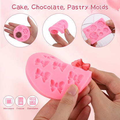 Pimoys Flower & Bow Silicone Molds - 4 Pcs Chocolate and Cake Decoration Set for Birthdays & Easter