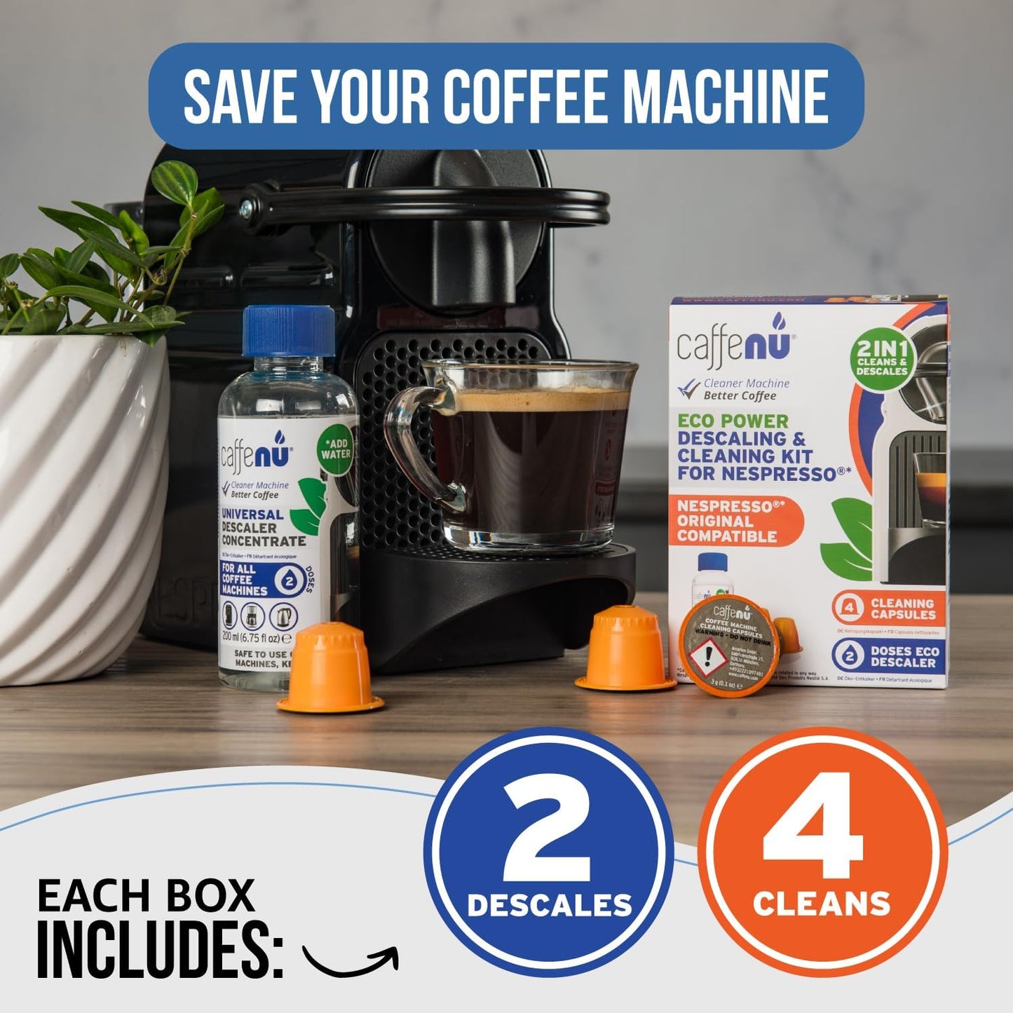 Nespresso Descaling Kit & Cleaning Pods - 2 Use Solution + 4 Cleaner Pods for Better Tasting Coffee