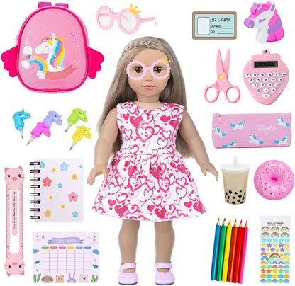 BDDOLL 18-Inch Doll Clothes & Accessories Playset - School Supplies, Bags, Glasses & More
