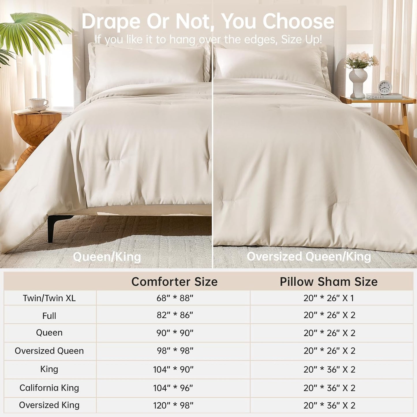 MUXHOMO Queen Size Comforter Set - Beige 3-Piece Solid Bedding for All Seasons | Lightweight Down Alternative (90"x90")
