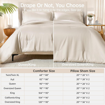 MUXHOMO Queen Size Comforter Set - Beige 3-Piece Solid Bedding for All Seasons | Lightweight Down Alternative (90"x90")
