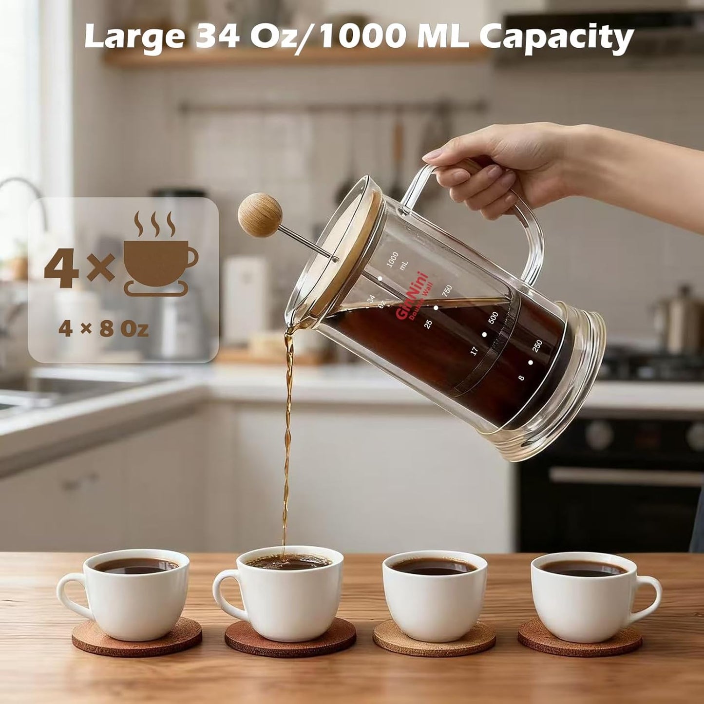 Skiennix French Press Coffee Maker - 34-Ounce Double Wall Glass with Stainless Steel Filter & Bamboo Lid