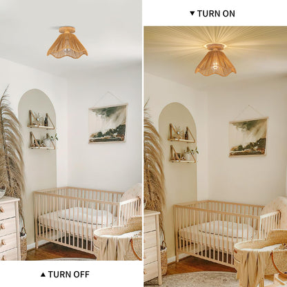 Zswanbei Boho Light Fixtures Ceiling Mount Boho Rattan Ceiling Light Flush Mount Mini Chandelier Woven Ceiling Light Fixture for Bedroom Hallway Entryway Bathroom Nursery, D32cm