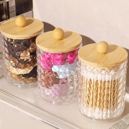 DAPOWER Qtip Holder - Stylish Bathroom Storage Canister for Cotton Balls & Swabs | Clear & Bamboo Lid, 2 Pack