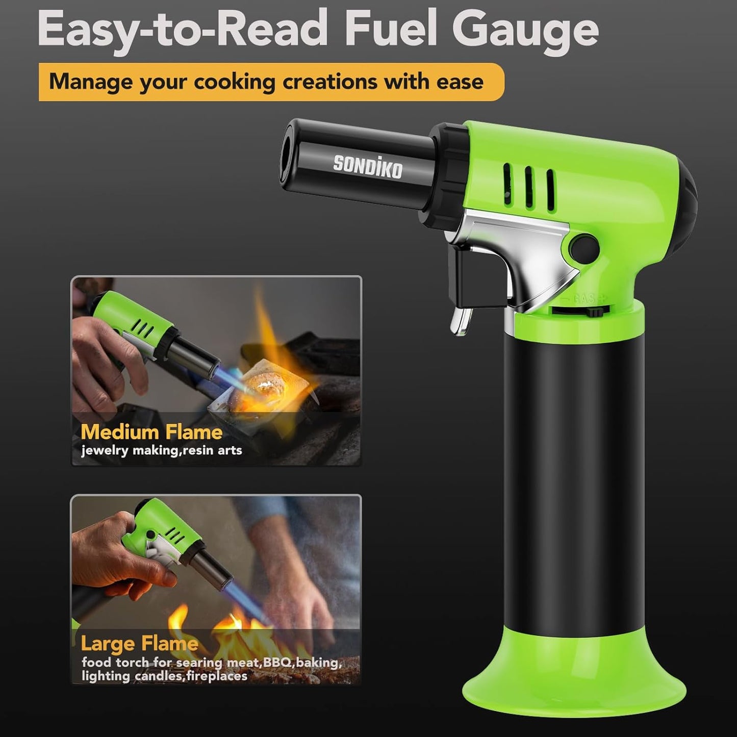 Sondiko Butane Torch - Refillable Soldering Lighter with Adjustable Flame | Fuel Gauge, Green & Black
