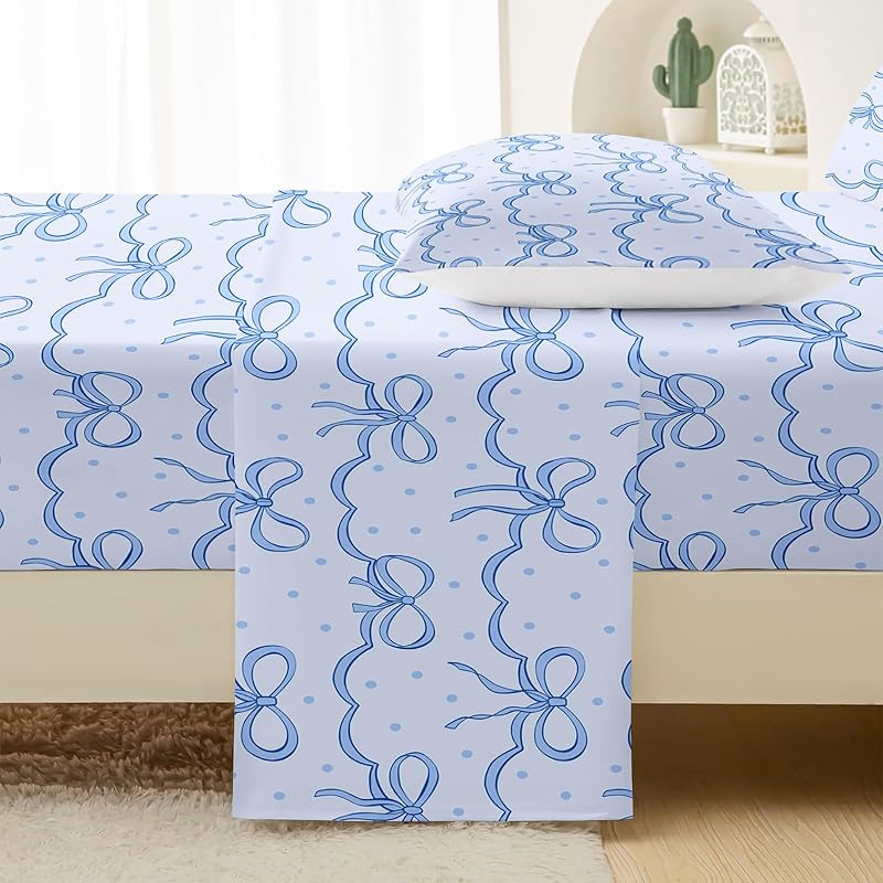 Bow Kids Sheets Set Full Size with Bowknot 16" Deep Pocket - Blue