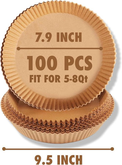Air Fryer Liners - 100PCS Unbleached Non-Stick Parchment Paper for 5 to 8 Qt Air Fryers | 7.9 Inch