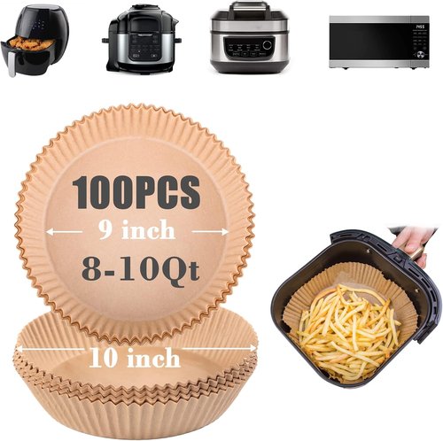 GOAUS Air Fryer Disposable Round Paper Liners - 125 Pcs Extra Large, 9 Inch Unbleached Non-Stick Parchment