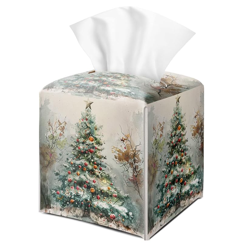 Christmas Tree Tissue Box Cover with Bottom Belt - Winter PU Leather, 5.2 x 5.2 x 5.2 Inches, Securable, White