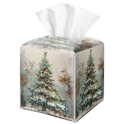 Christmas Tree Tissue Box Cover with Bottom Belt - Winter PU Leather, 5.2 x 5.2 x 5.2 Inches, Securable, White