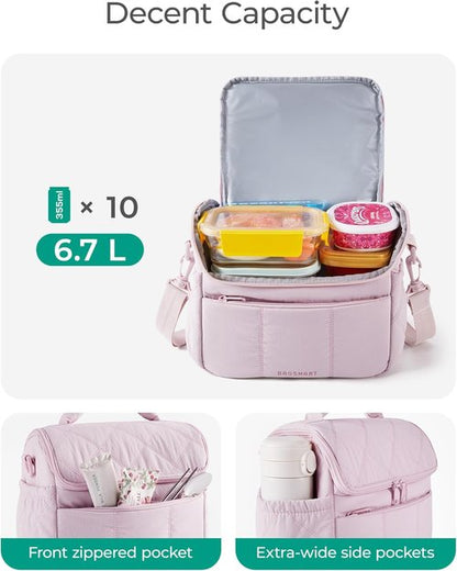 BAGSMART Insulated Lunch Bag - Cute Quilted Design, Lightweight & Waterproof Tote for Work | Pink