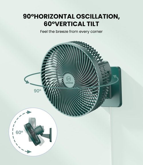 LEMOISTAR 10 Inch Wall Mounted Fan - Remote Control, 90° Oscillation, 4 Speeds, Quiet - Green