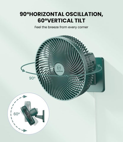 LEMOISTAR 10 Inch Wall Mounted Fan - Remote Control, 90° Oscillation, 4 Speeds, Quiet - Green