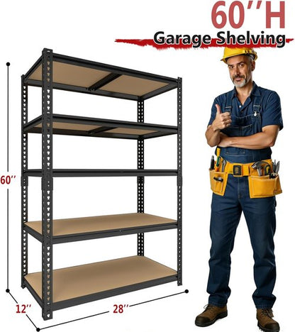 Heavy Duty Garage Shelving | 5-Tier Adjustable Storage Unit | 2400LBS Capacity | 28''×12''×60''