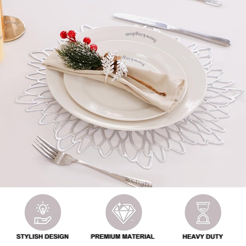 6 Pack Silver Placemats - 15" Round Glitter Vinyl Table Mats for Winter Holidays