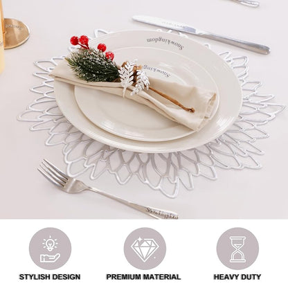 6 Pack Silver Placemats - 15" Round Glitter Vinyl Table Mats for Winter Holidays