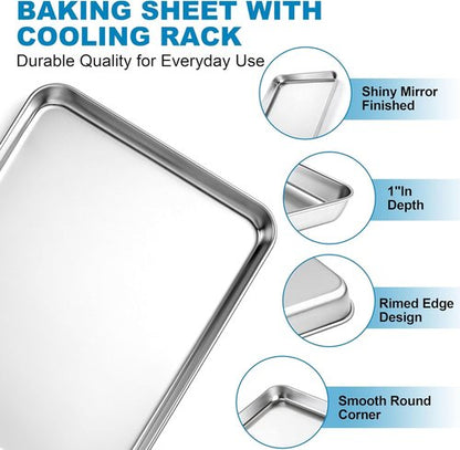 Herogo Stainless Steel Baking Sheet Set - 2 Pans & 2 Racks | 16" x 12" Rectangle, Non-Toxic & Easy Clean