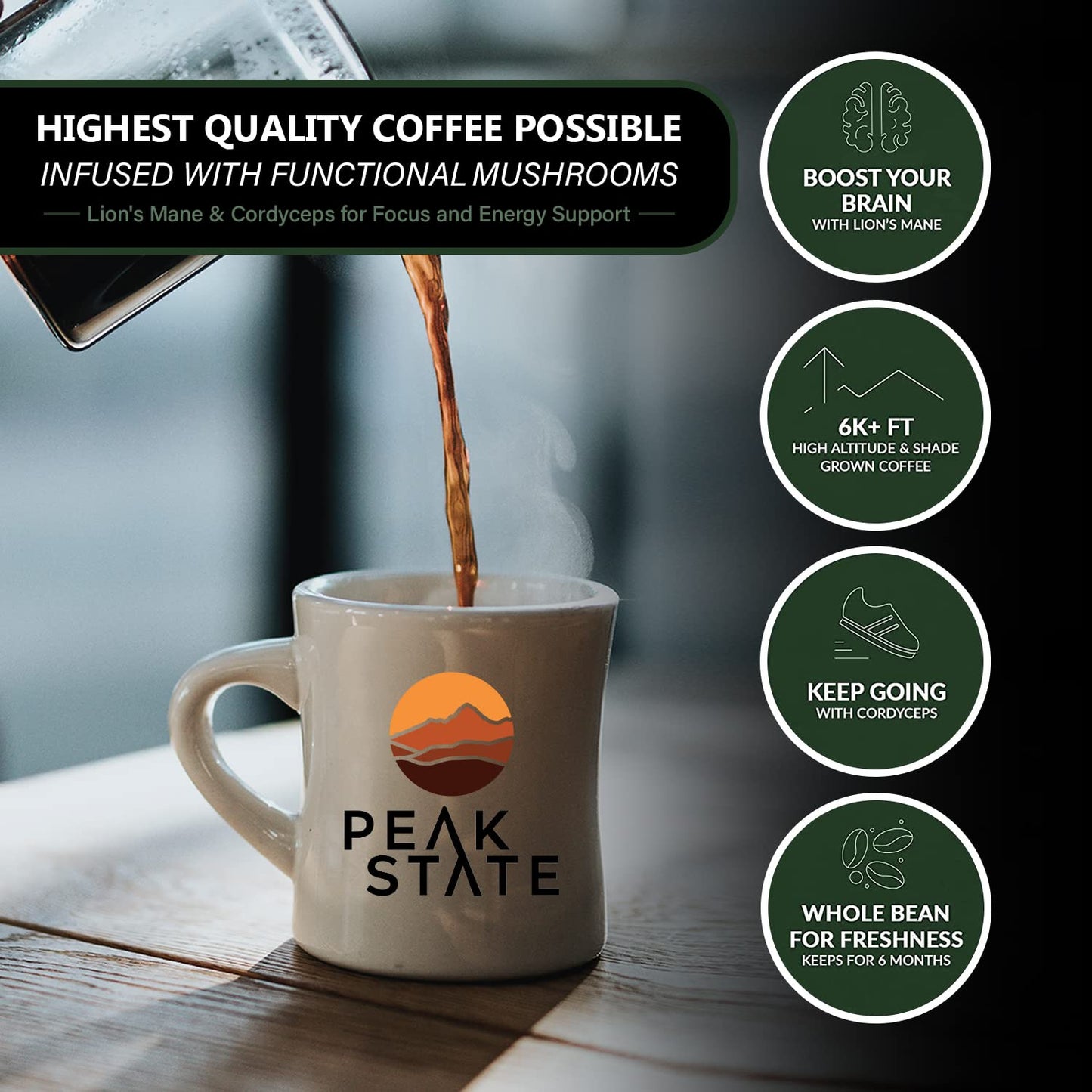 Peak State Coffee with Benefits - Organic Decaf Coffee Beans - CALM DESCENT Swiss Water Process Decaf with Lion's Mane & Cordyceps - Mushroom Coffee Decaf - Organic- Mold Free, Pesticide Free, Non-GMO, Low Acid (12 oz, Whole Bean - $1.13/cup)